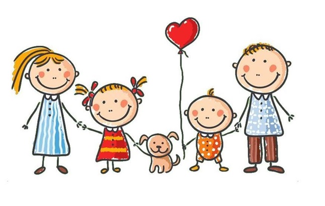 Opis zdjęcia: grafika szczęśliwej rodziny od lewej mama trzyma za rękę córeczkę, dziewczynka na smyczy pieska przy piesku chłopczyk z balonikiem w kształcie serduszka, trzyma za rękę tatę.