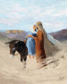 pastelowy obraz: 
na pustyni Maryja brzemienna na osiołku, podtrzymywana przez Józefa,
za nimi w oddaleniu mury miasta